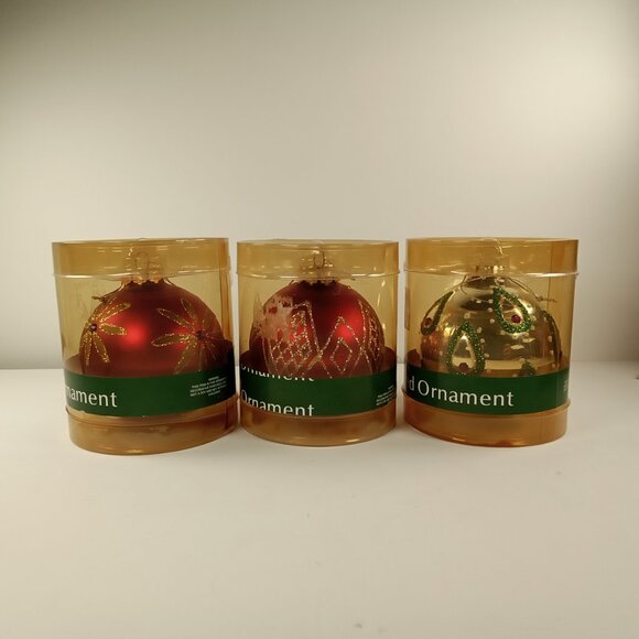 3 Christmas House Hand Painted Holiday Ball Ornaments w/ Glitter: 2 Red & 1 Gold - Picture 4 of 6